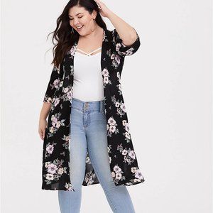 BLACK FLORAL MIDI CREPE KIMONO Item #11608528